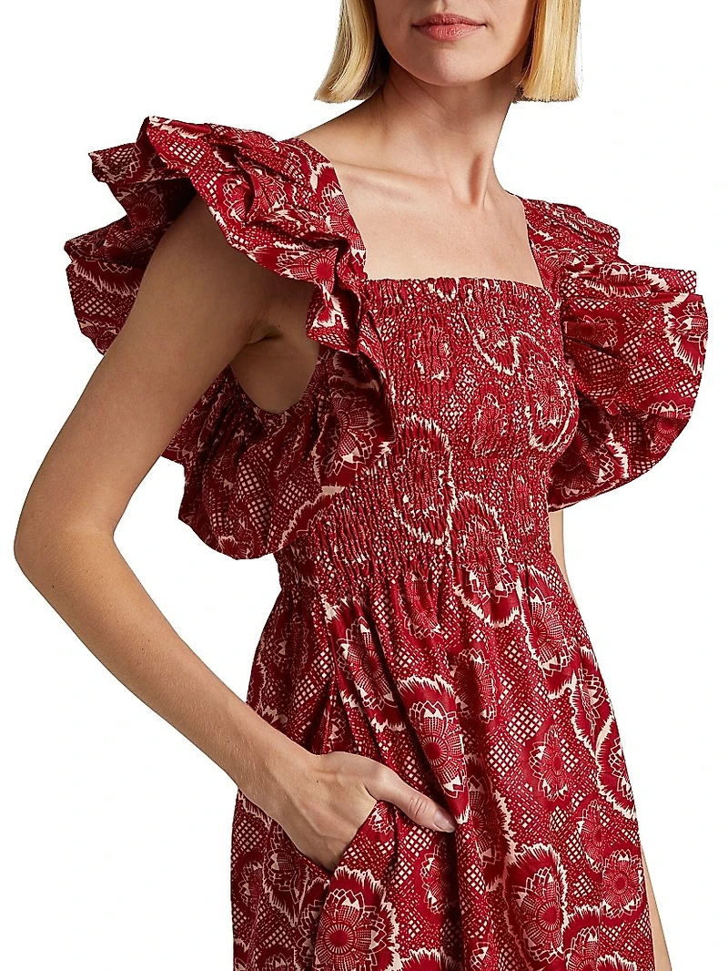 Sola Abstract Smocked Cotton Midi-Dress