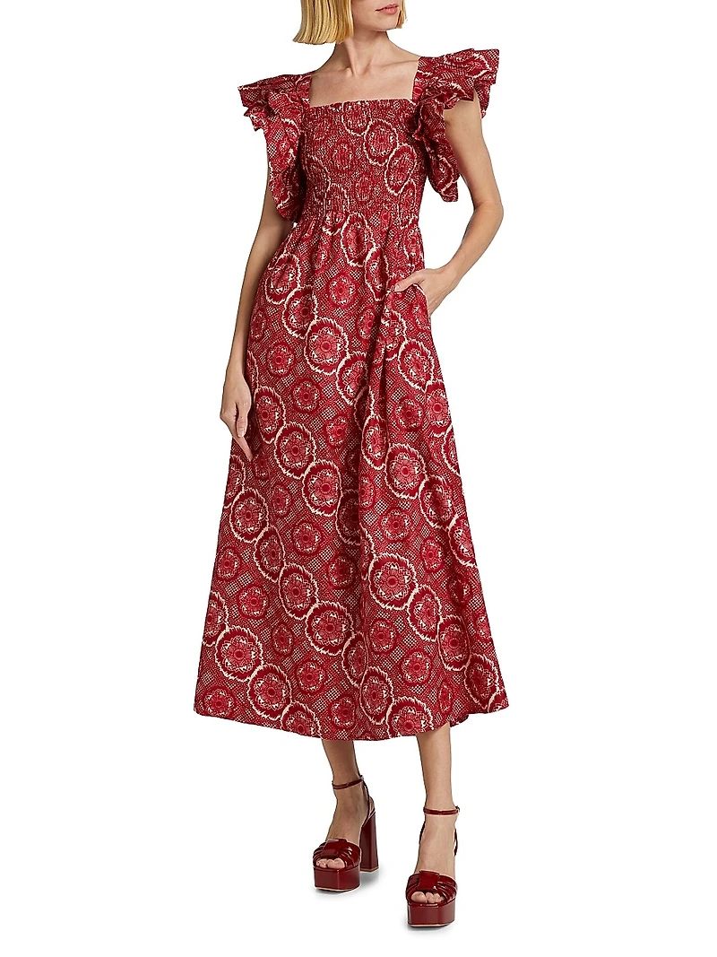 Sola Abstract Smocked Cotton Midi-Dress