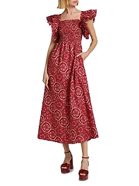 Sola Abstract Smocked Cotton Midi-Dress