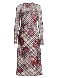Edith Floral & Plaid Mesh Long-Sleeve Midi-Dress