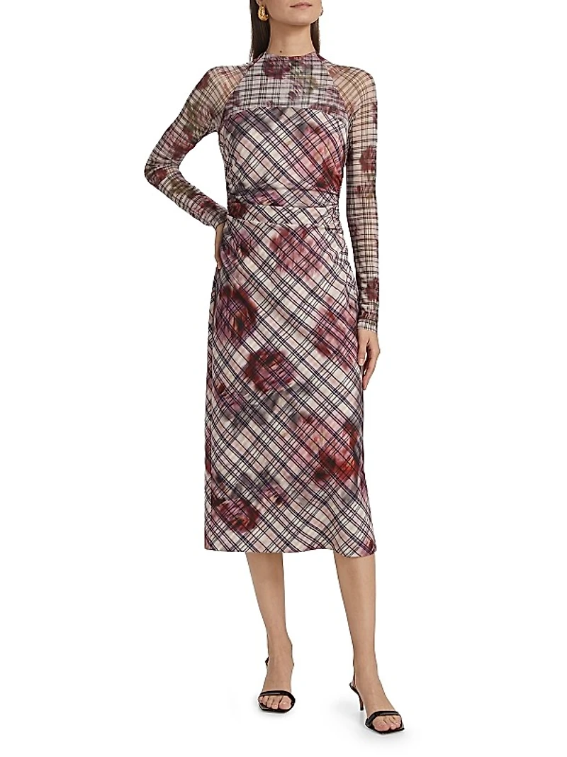Edith Floral & Plaid Mesh Long-Sleeve Midi-Dress