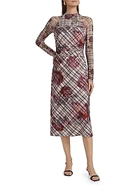 Edith Floral & Plaid Mesh Long-Sleeve Midi-Dress