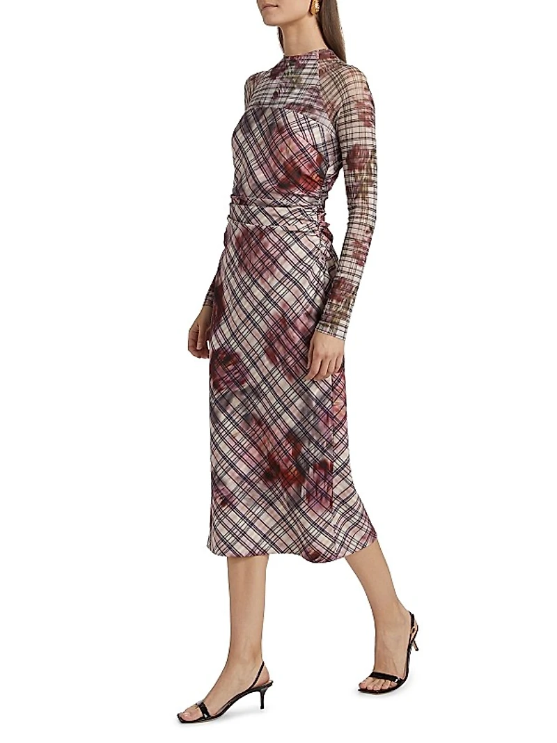 Edith Floral & Plaid Mesh Long-Sleeve Midi-Dress