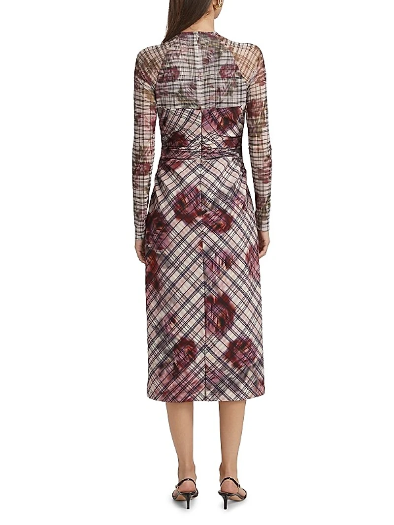 Edith Floral & Plaid Mesh Long-Sleeve Midi-Dress