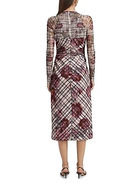 Edith Floral & Plaid Mesh Long-Sleeve Midi-Dress