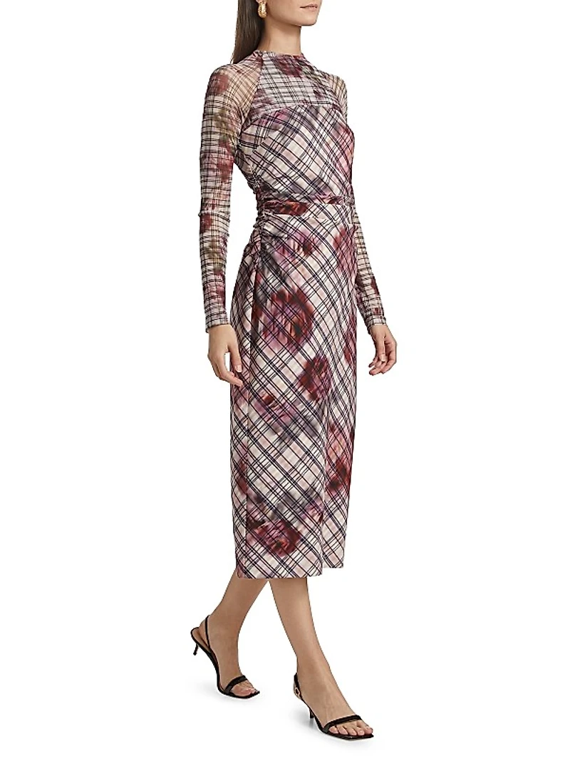 Edith Floral & Plaid Mesh Long-Sleeve Midi-Dress