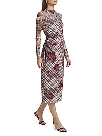 Edith Floral & Plaid Mesh Long-Sleeve Midi-Dress