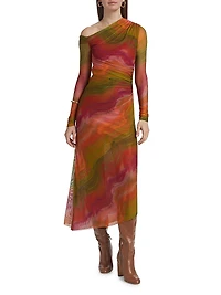 Drena Abstract Mesh One-Shoulder Midi-Dress