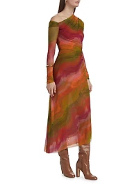 Drena Abstract Mesh One-Shoulder Midi-Dress