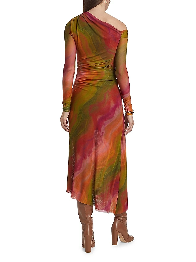 Drena Abstract Mesh One-Shoulder Midi-Dress