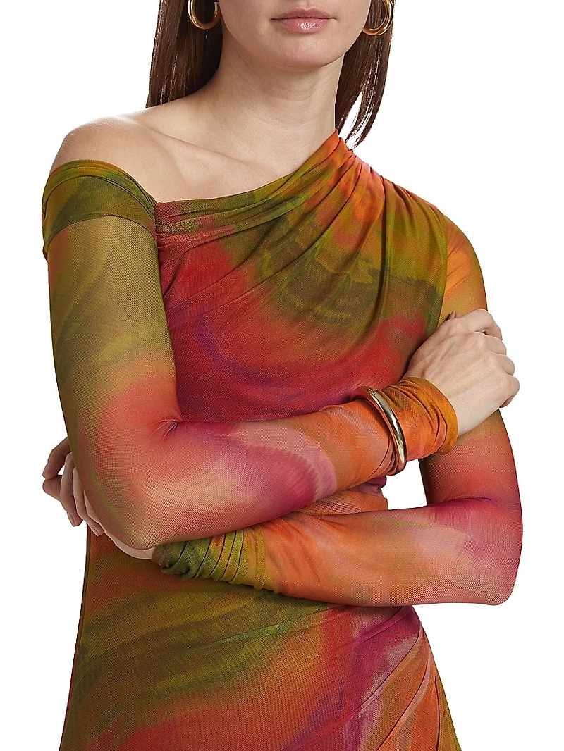Drena Abstract Mesh One-Shoulder Midi-Dress