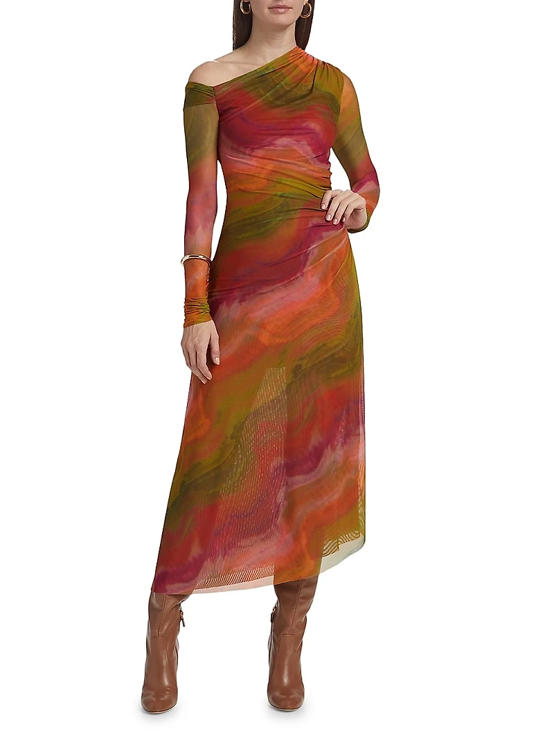 Drena Abstract Mesh One-Shoulder Midi-Dress