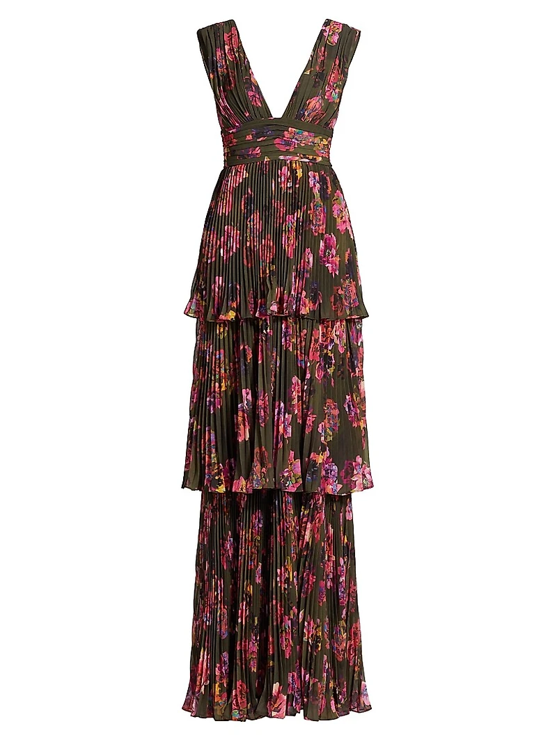 Fluer Floral Pleated Sleeveless Gown