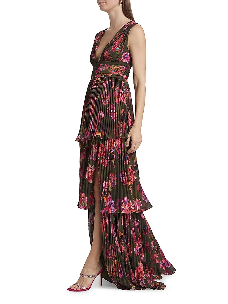 Fluer Floral Pleated Sleeveless Gown