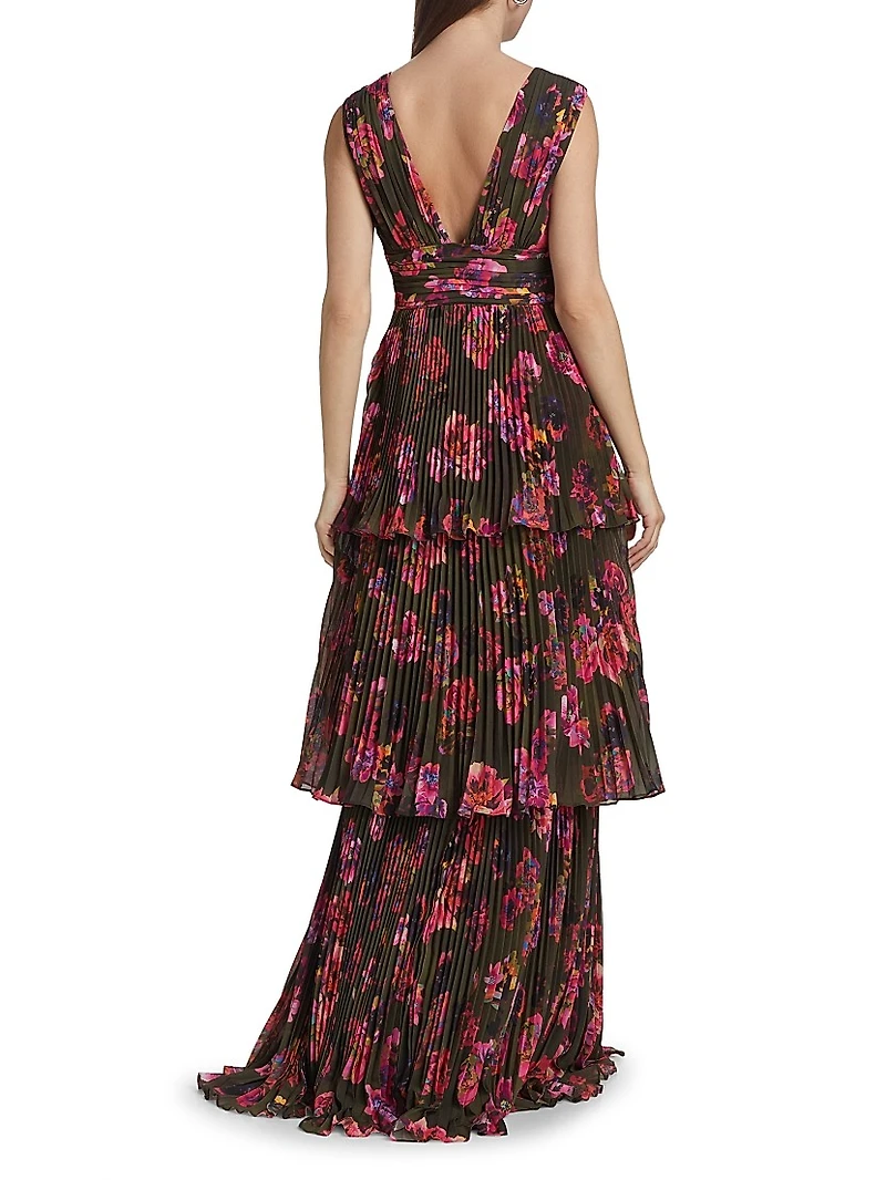 Fluer Floral Pleated Sleeveless Gown