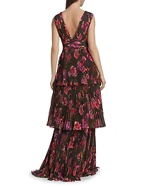 Fluer Floral Pleated Sleeveless Gown