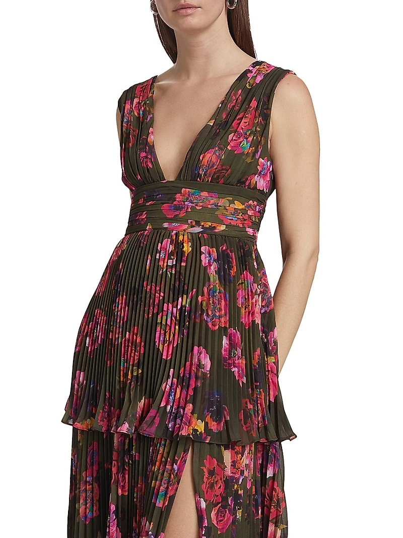 Fluer Floral Pleated Sleeveless Gown