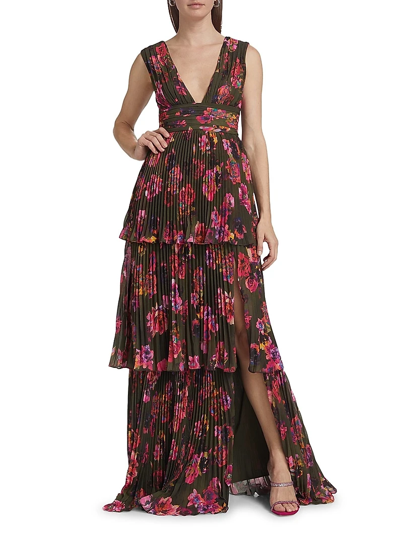 Fluer Floral Pleated Sleeveless Gown