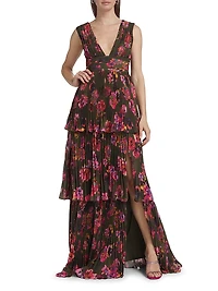 Fluer Floral Pleated Sleeveless Gown