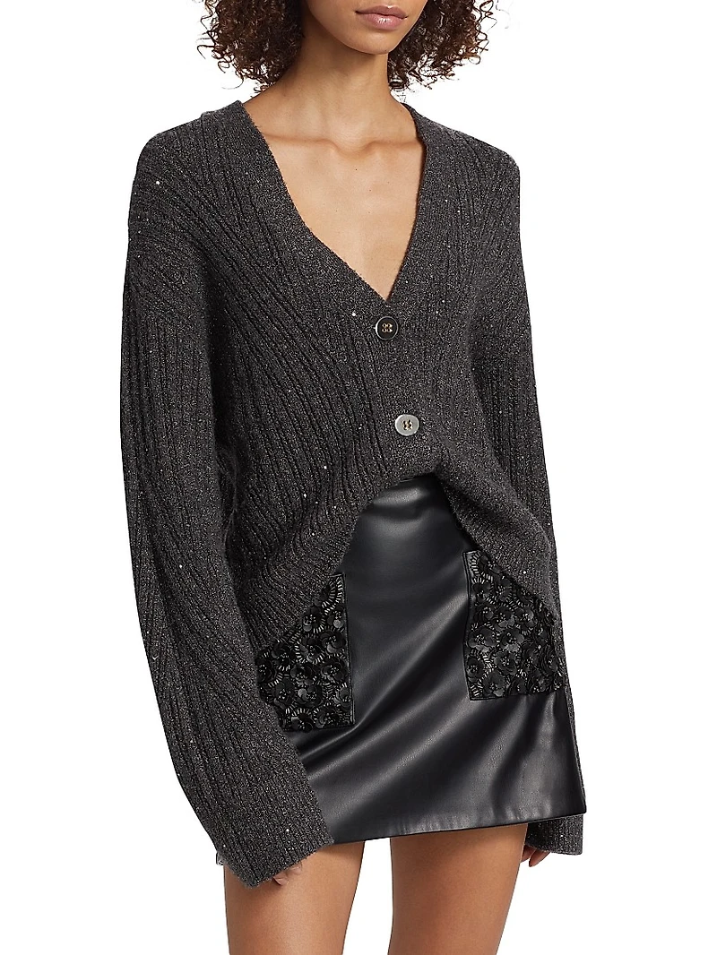 Cornelius Metallic Rib-Knit V-Neck Cardigan