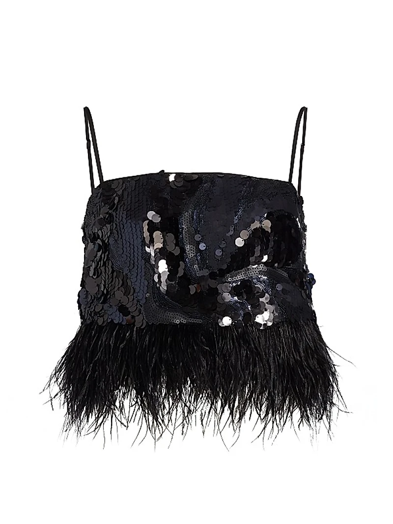 Stanley Sequined & Feather-Trimmed Crop Top