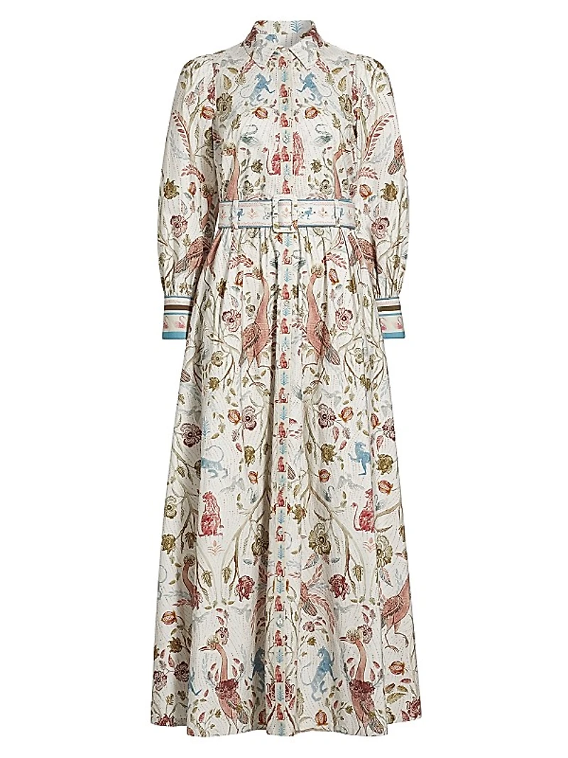Animal & Floral Cotton Belted Maxi Shirtdress