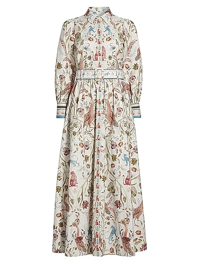 Animal & Floral Cotton Belted Maxi Shirtdress