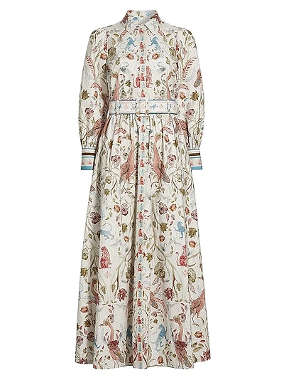 Animal & Floral Cotton Belted Maxi Shirtdress