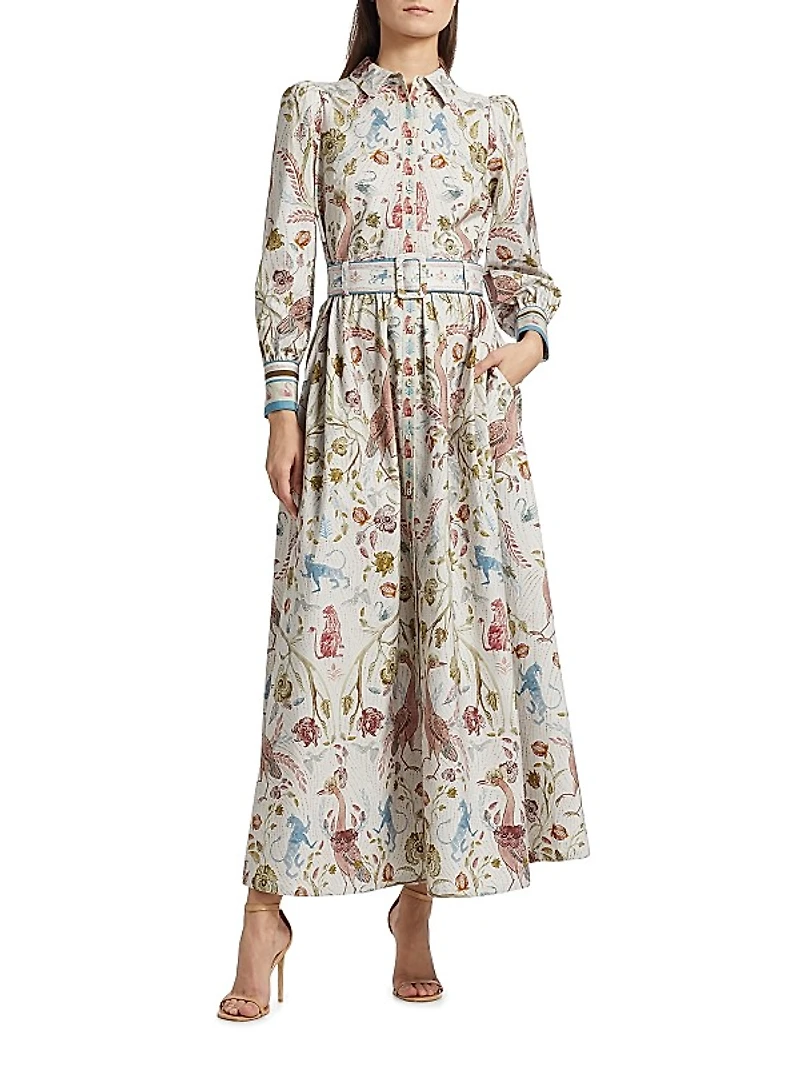 Animal & Floral Cotton Belted Maxi Shirtdress