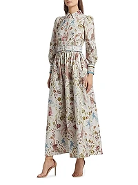 Animal & Floral Cotton Belted Maxi Shirtdress