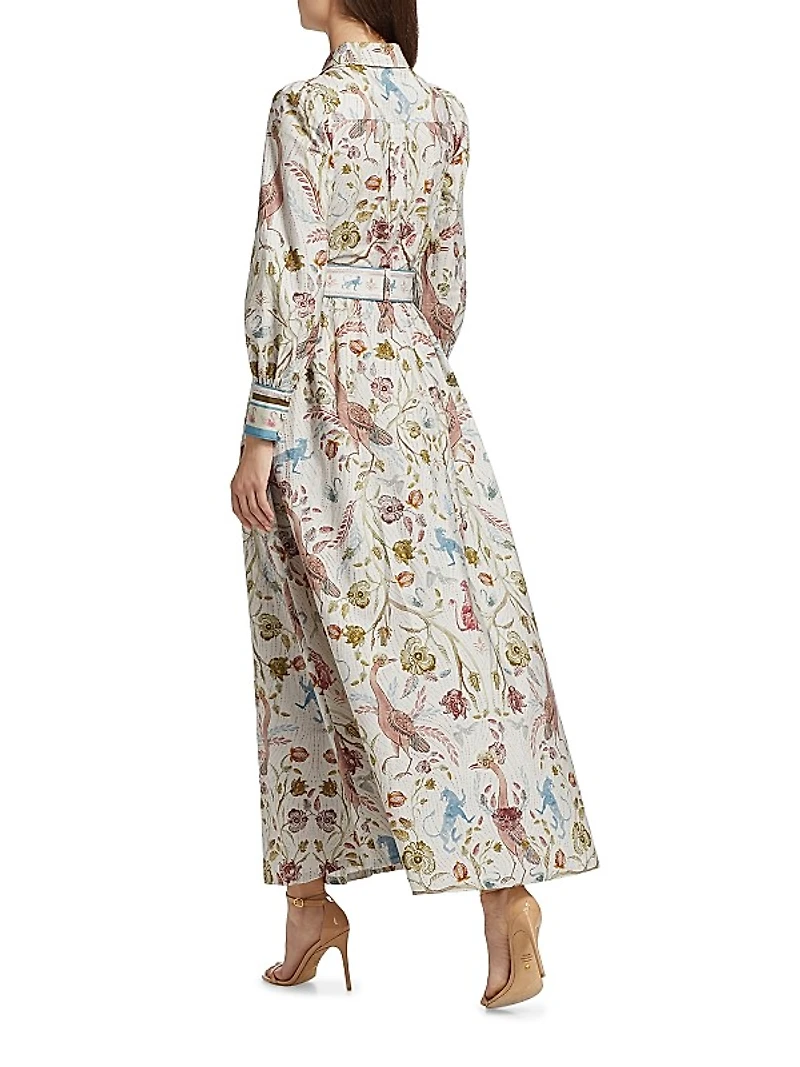 Animal & Floral Cotton Belted Maxi Shirtdress