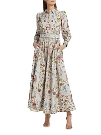 Animal & Floral Cotton Belted Maxi Shirtdress