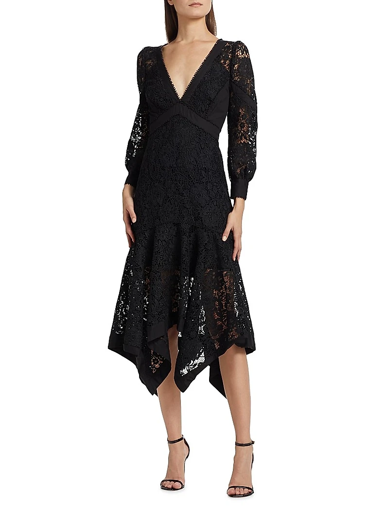 Lace Guipure V-Neck Midi-Dress