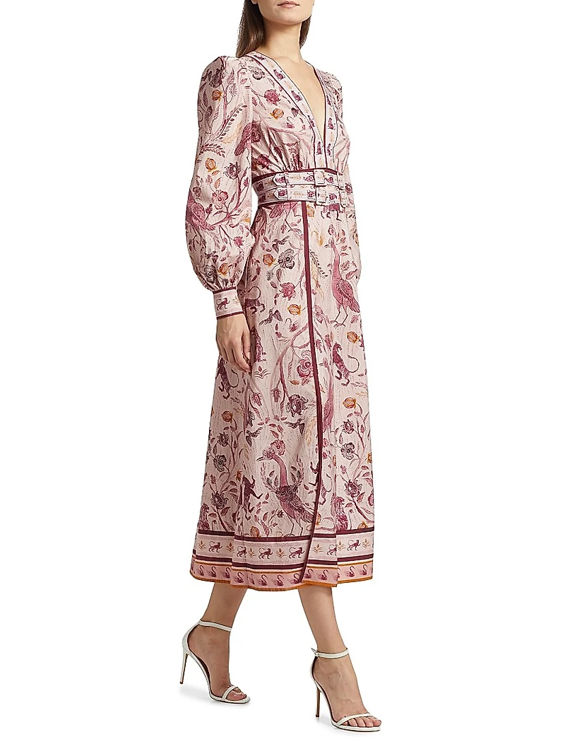 Printed Cotton Belted Midi-Dress