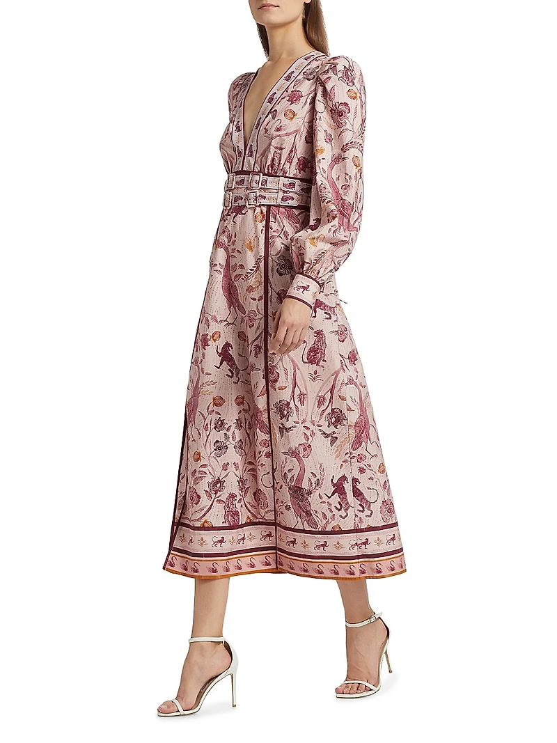 Printed Cotton Belted Midi-Dress
