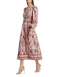 Printed Cotton Belted Midi-Dress