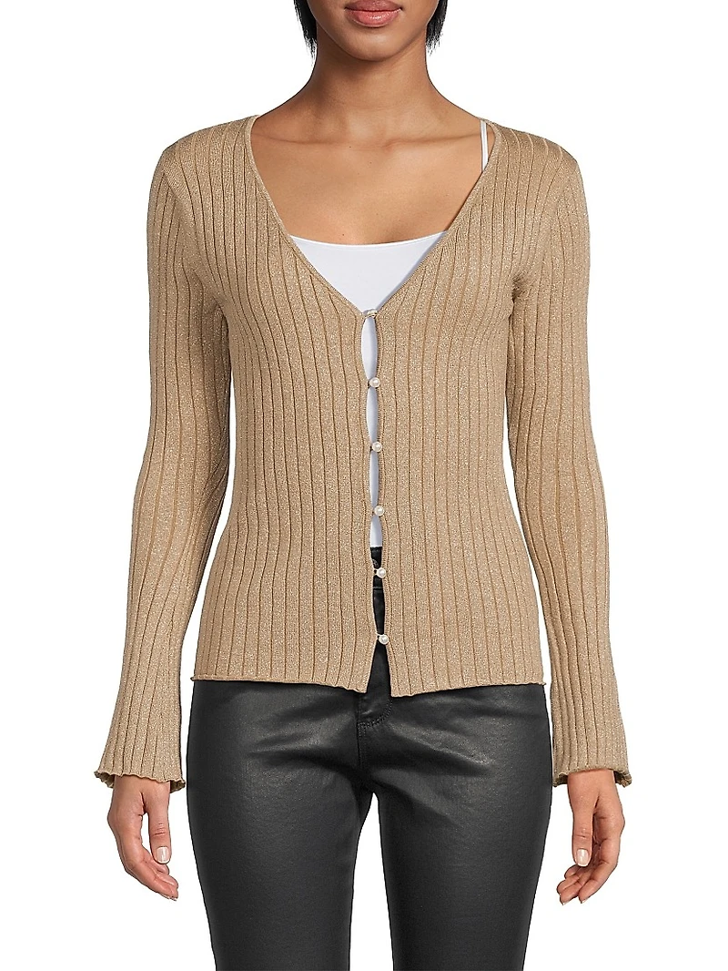 Metallic Rib-Knit V-Neck Cardigan