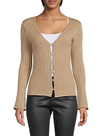 Metallic Rib-Knit V-Neck Cardigan