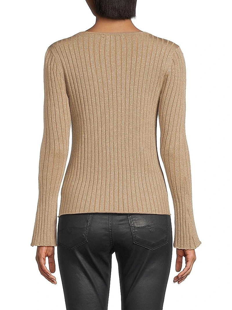 Metallic Rib-Knit V-Neck Cardigan