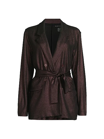 Metallic Soft Tie-Waist Double-Breasted Blazer