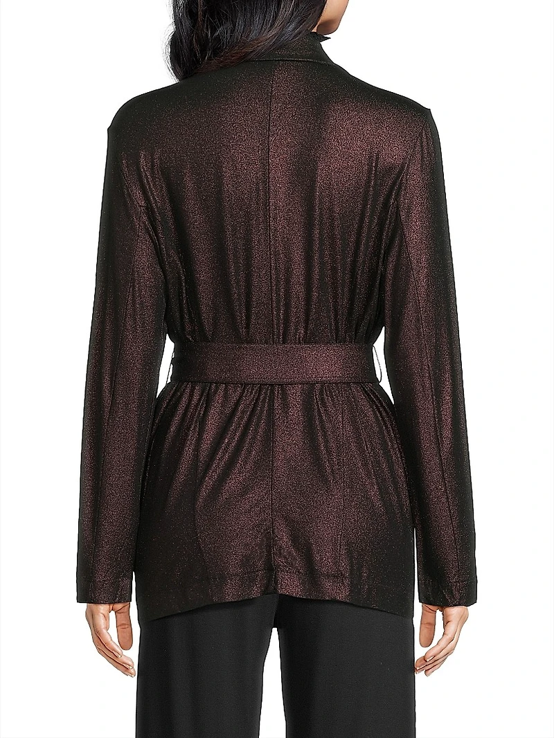 Metallic Soft Tie-Waist Double-Breasted Blazer