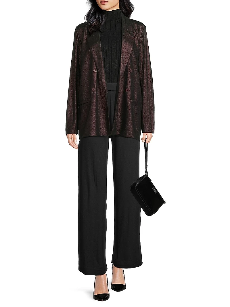 Metallic Soft Tie-Waist Double-Breasted Blazer