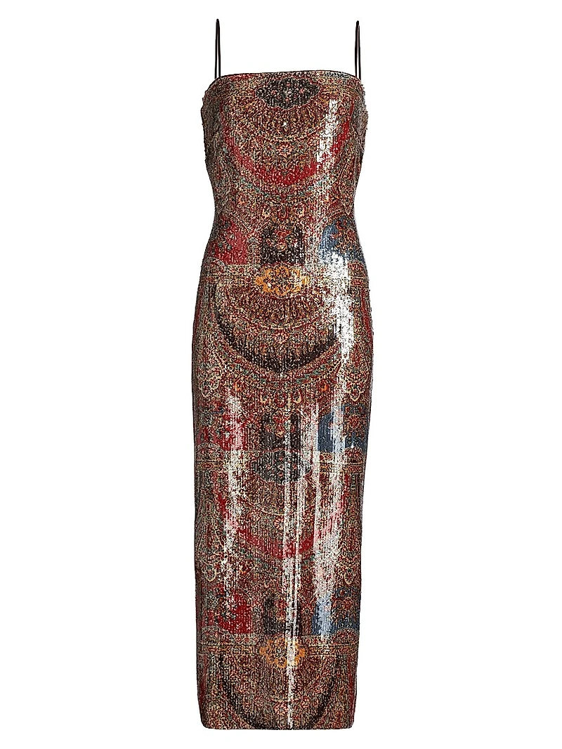 Leda Printed Sequin Sleeveless Midi-Dress
