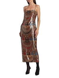 Leda Printed Sequin Sleeveless Midi-Dress