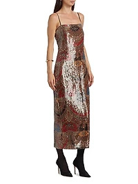 Leda Printed Sequin Sleeveless Midi-Dress