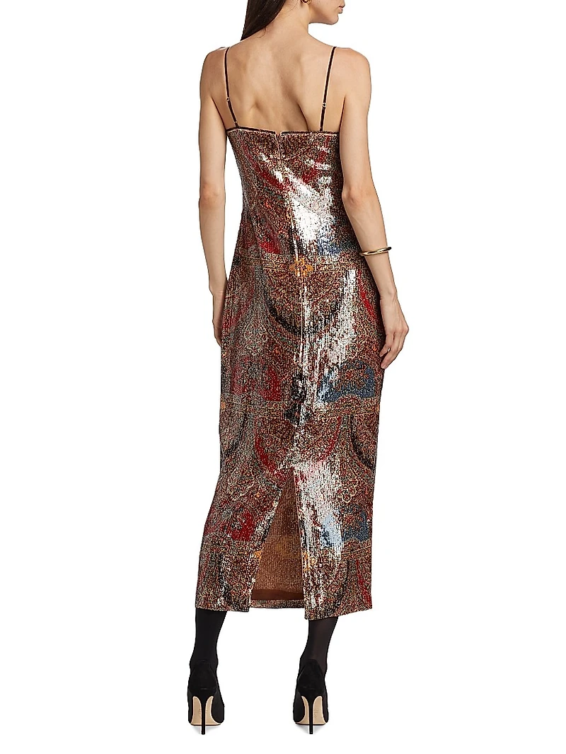 Leda Printed Sequin Sleeveless Midi-Dress