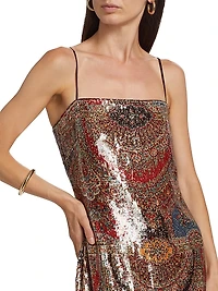 Leda Printed Sequin Sleeveless Midi-Dress