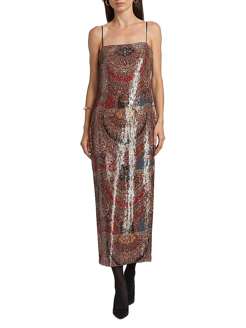 Leda Printed Sequin Sleeveless Midi-Dress