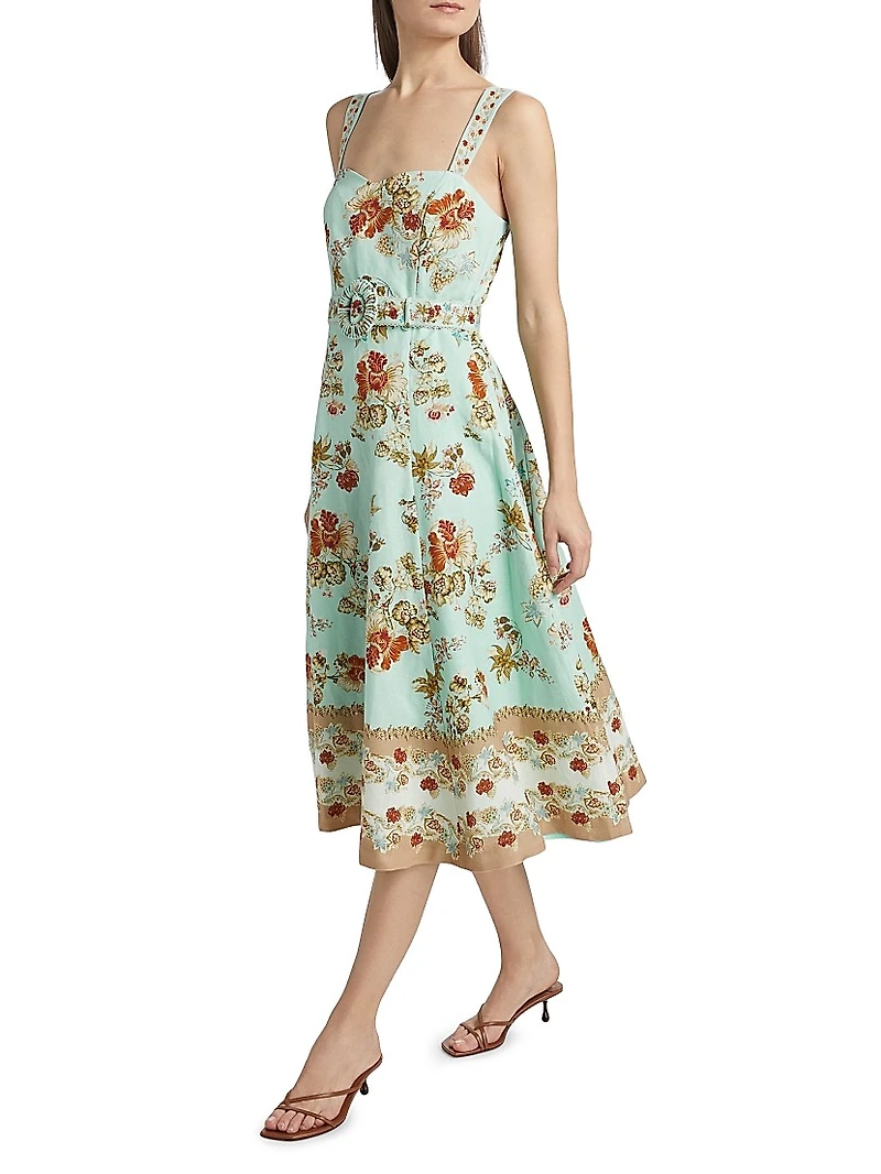 Rohi Floral Linen-Cotton Belted Midi-Dress