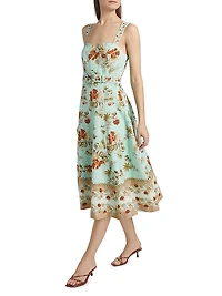 Rohi Floral Linen-Cotton Belted Midi-Dress